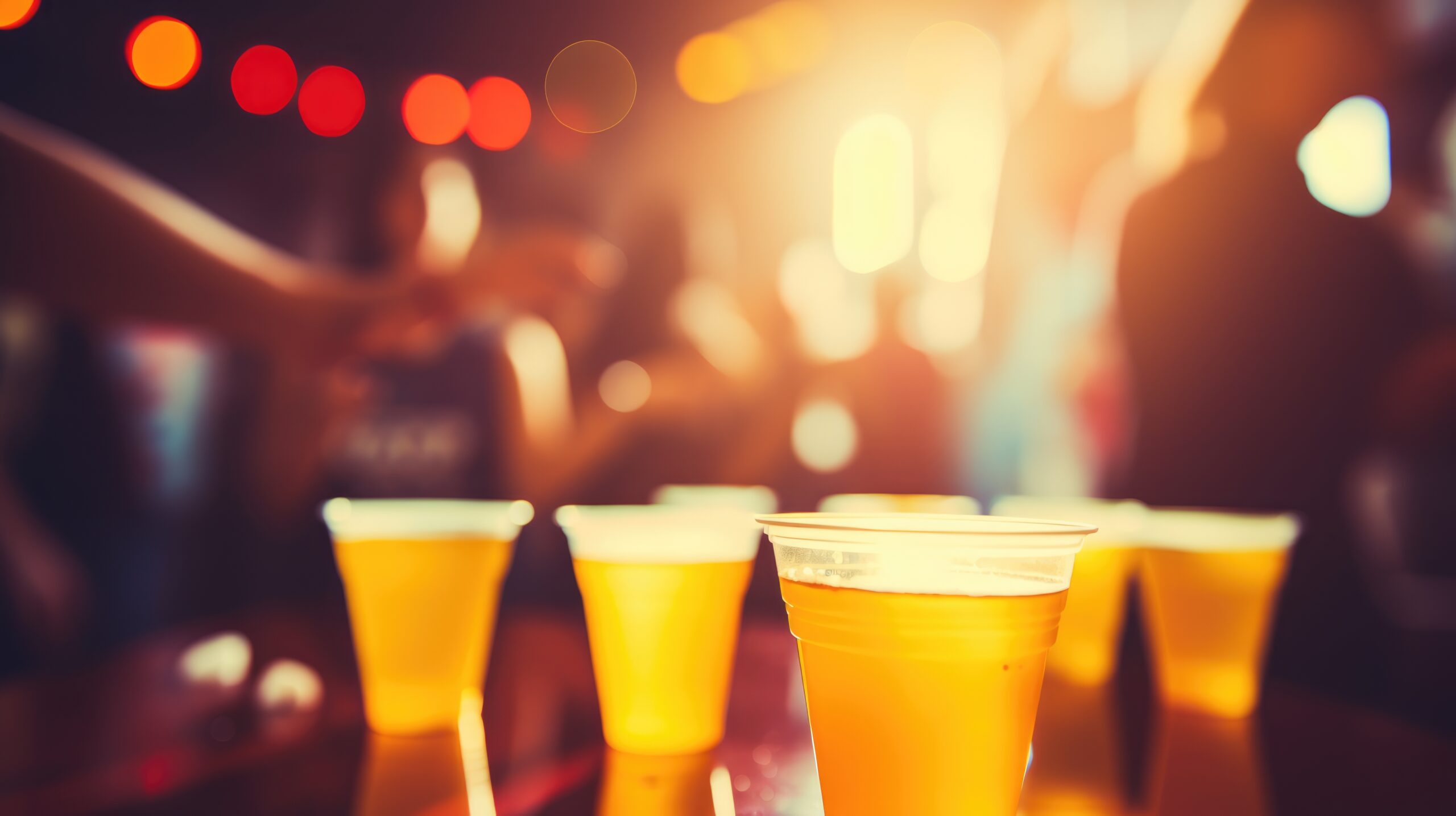 Beer in plastic cups with blurred lights behind