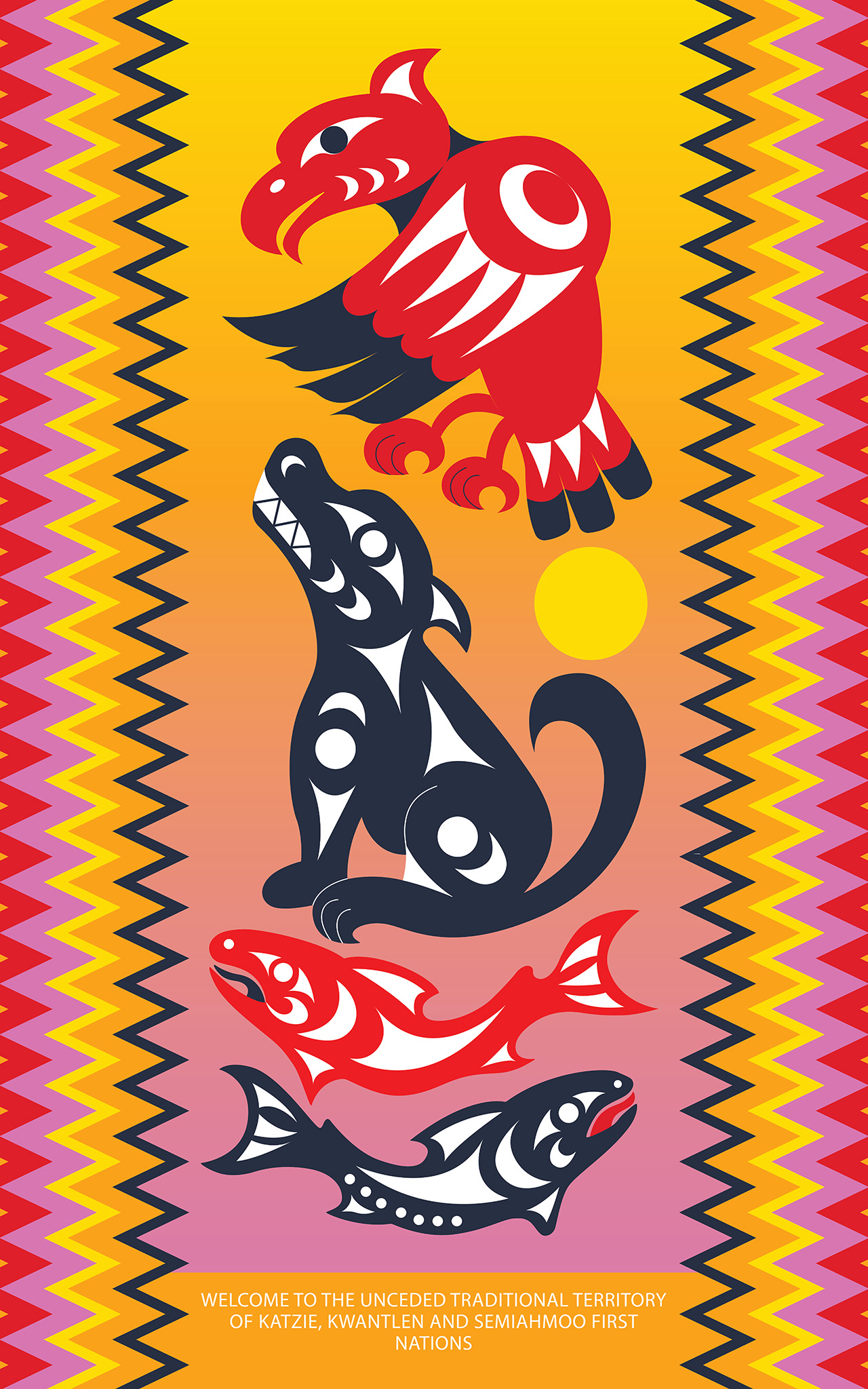 The stage banners at the Indigenous Village Stage are a highlight unto themselves. Designed by Phyllis Atkins and Peter Arkell