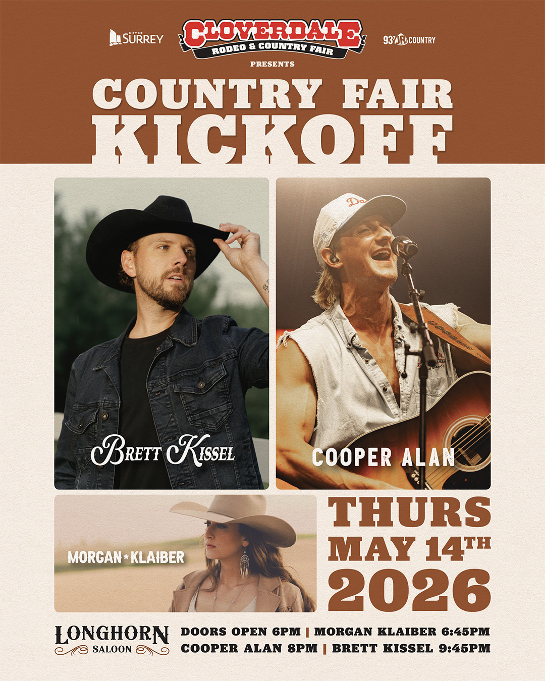 Country Fair Kickoff featuring Brett Kissel, Cooper Alan, and Morgan Klaiber on May 14, 2026 at the Cloverdale Rodeo and Country Fair