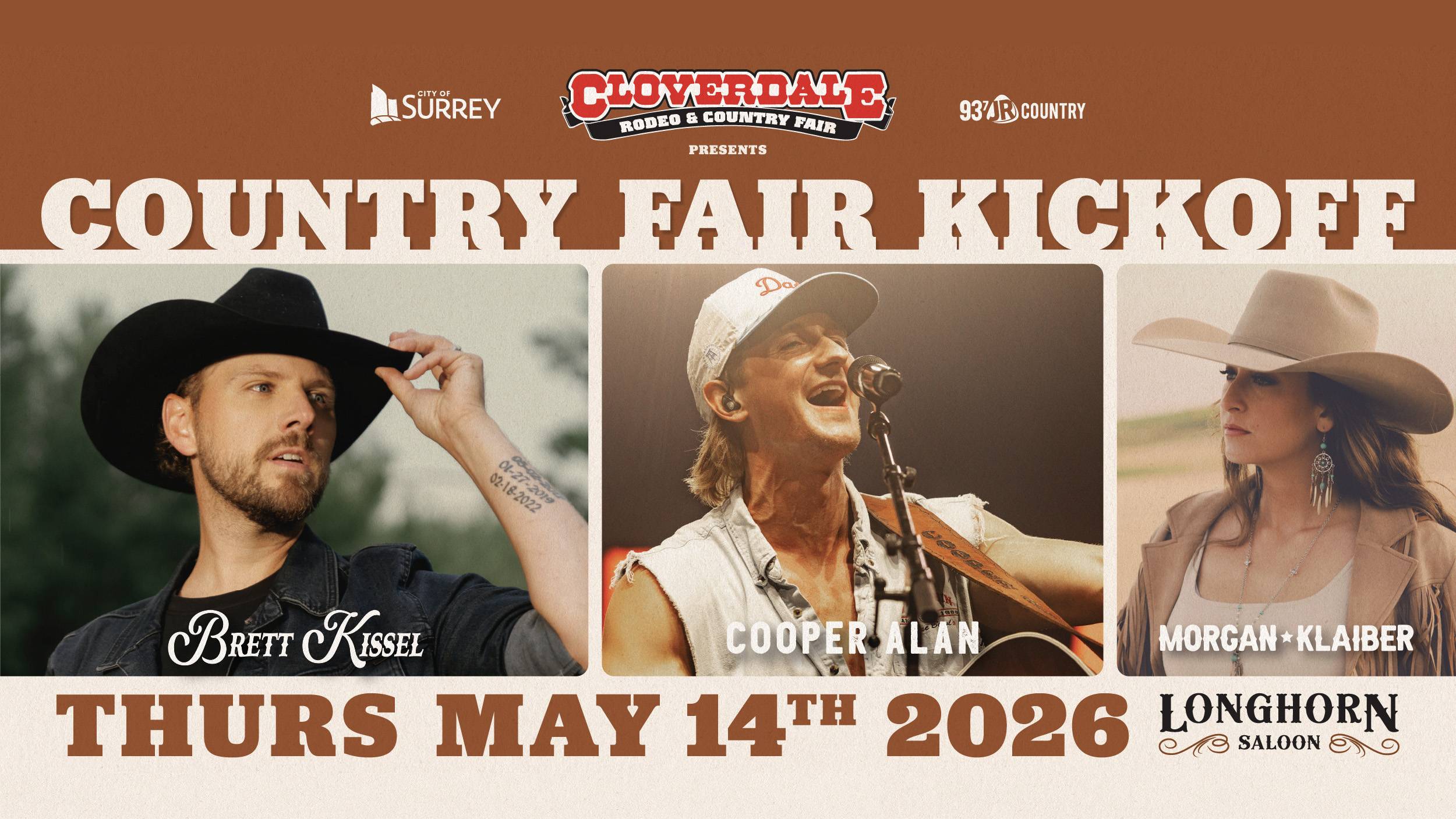 Country Fair Kickoff featuring Brett Kissel, Cooper Alan, and Morgan Klaiber on May 14, 2026 at the Cloverdale Rodeo and Country Fair