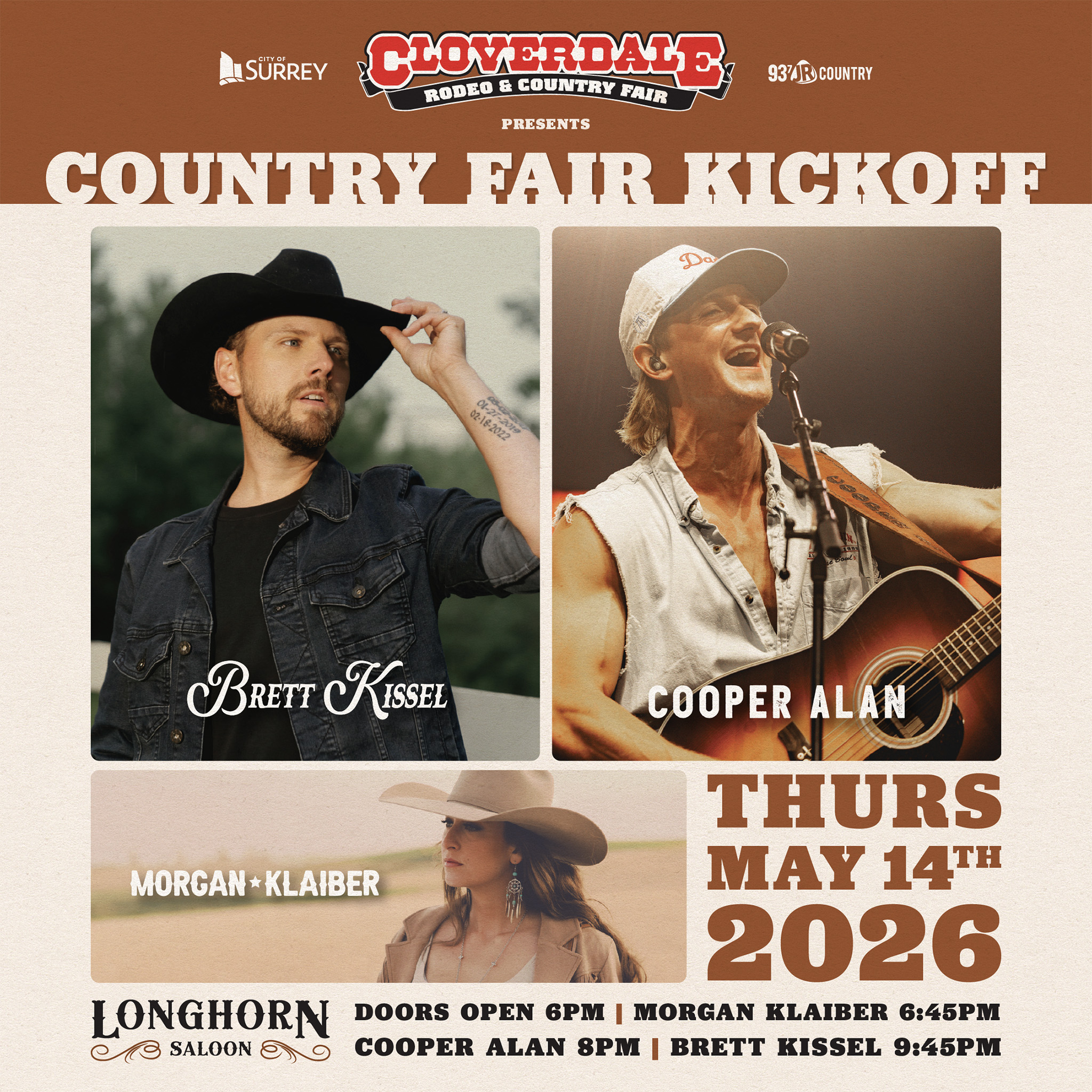 Country Fair Kickoff featuring Brett Kissel, Cooper Alan, and Morgan Klaiber on May 14, 2026 at the Cloverdale Rodeo and Country Fair