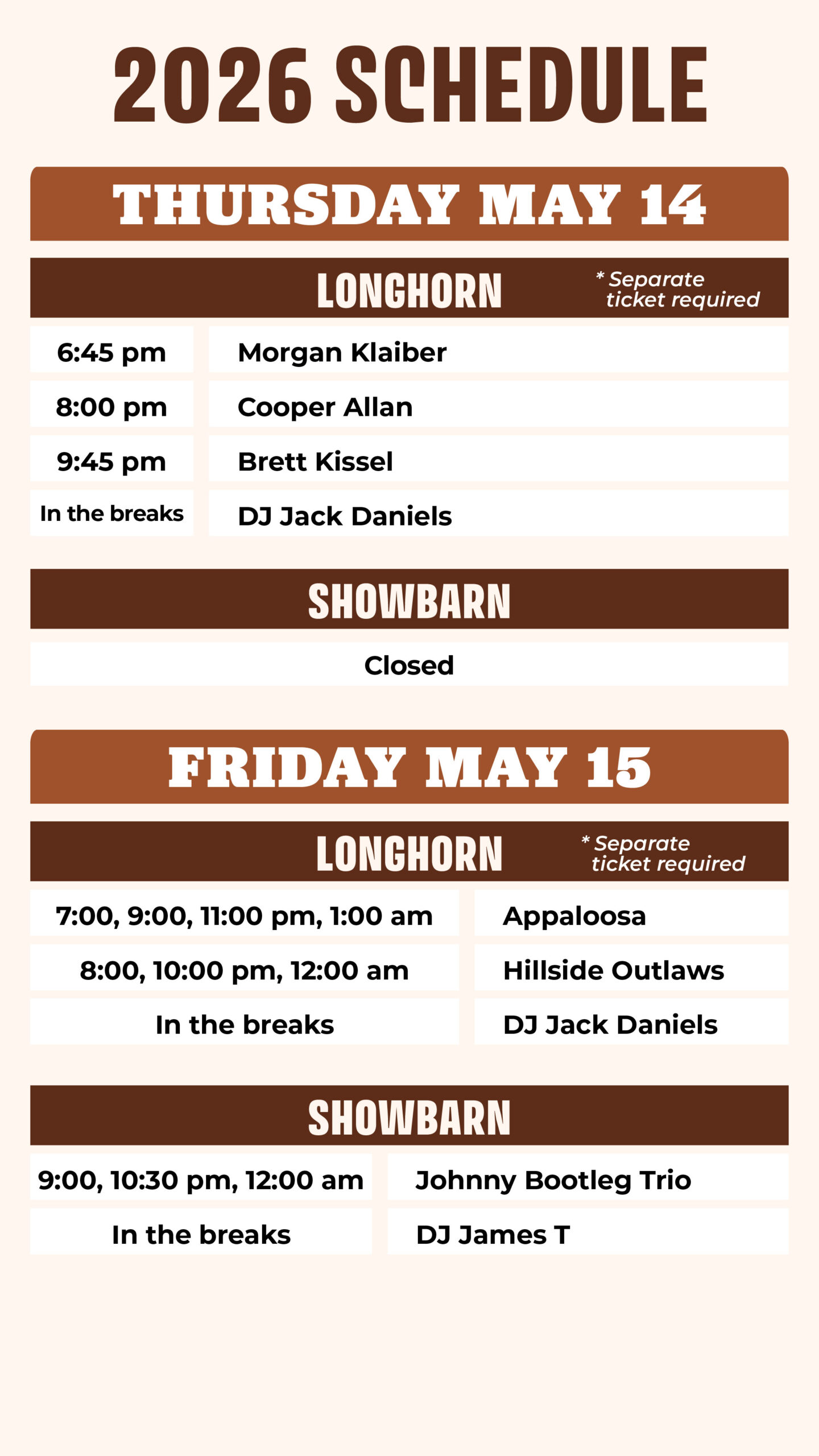2026 Longhorn Saloon Schedule - Page 1