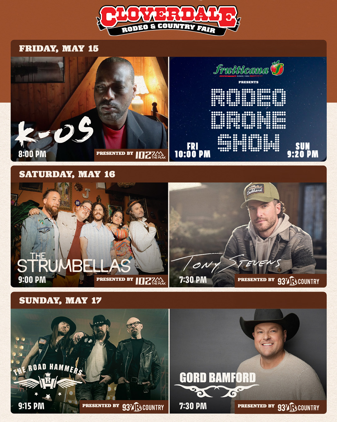 Overview of the five headline performances at the 2026 Cloverdale Rodeo and Country Fair
