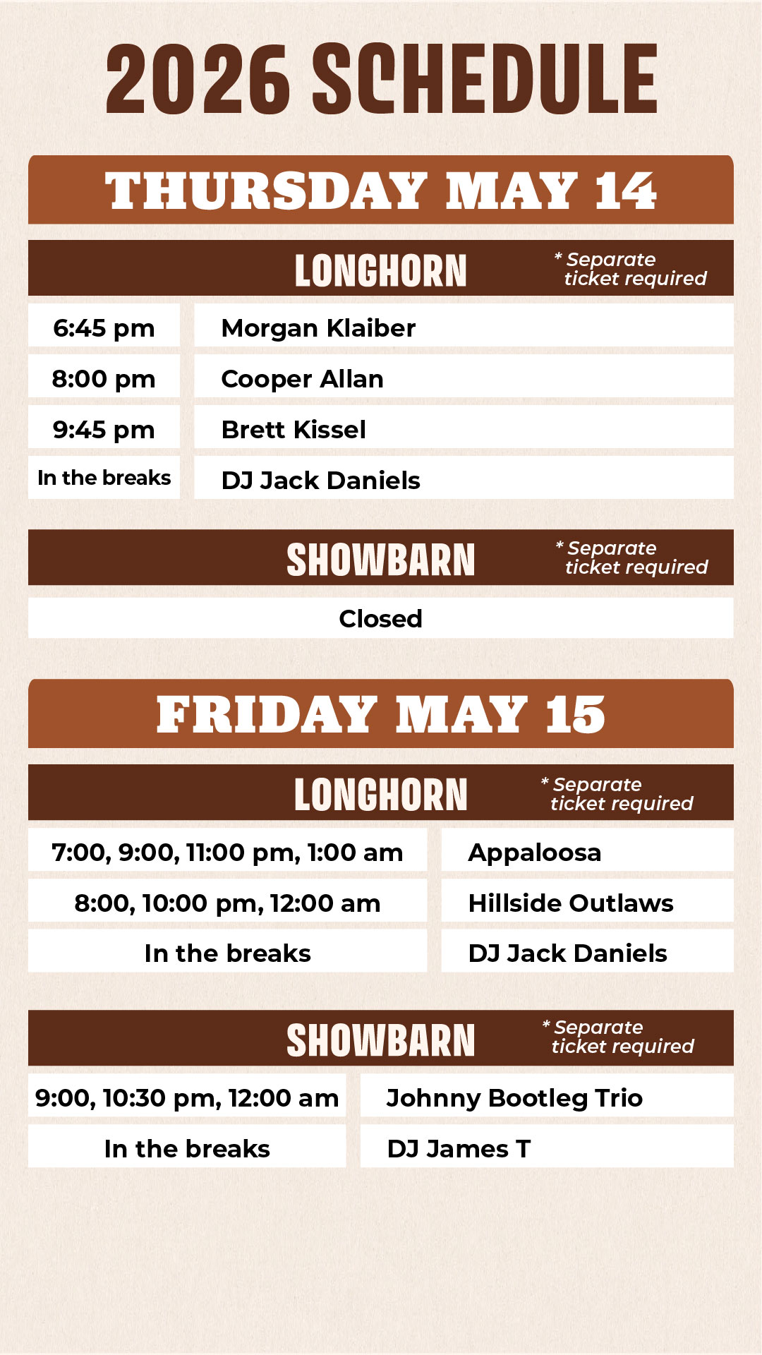 2026 Longhorn Saloon Schedule - Page 1