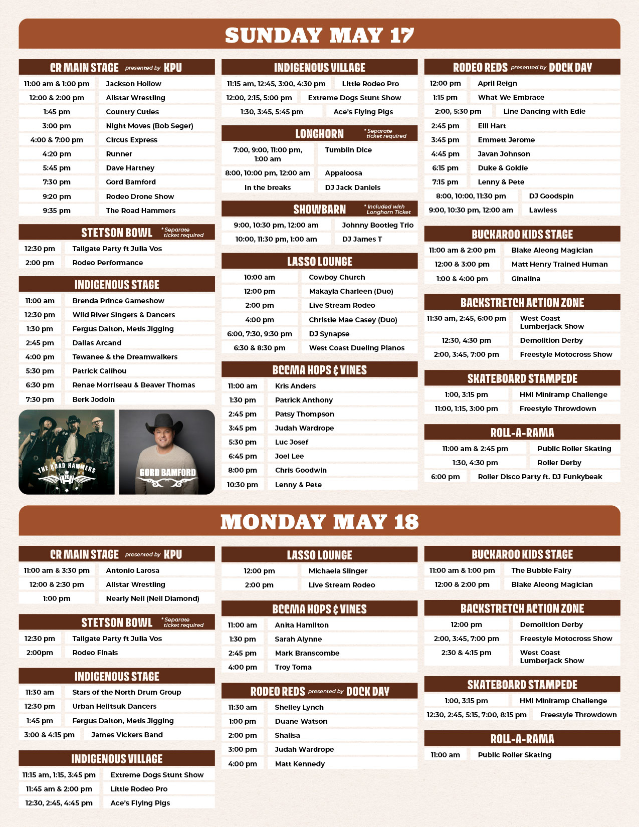 The 2026 Cloverdale Rodeo and Country Fair Schedule for Sunday, May 17 and Monday, May 18, 2026