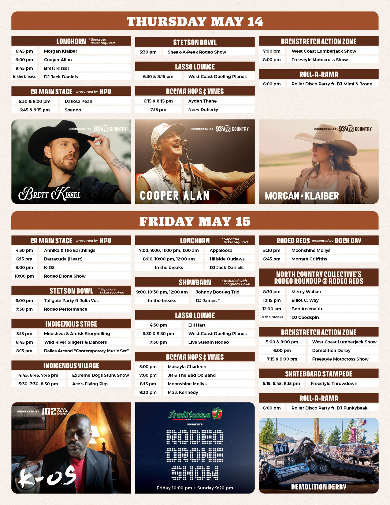 The 2026 Cloverdale Rodeo and Country Fair Schedule for Thursday, May 14 and Friday, May 15, 2026